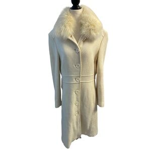 Sandra Angelozzi Cream Textured Coat Removable Fur Collar Button Front Elegant